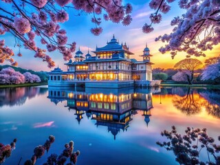 Fototapeta premium Subdued light bathes a blue palace, pink blossoms drifting on tranquil water.