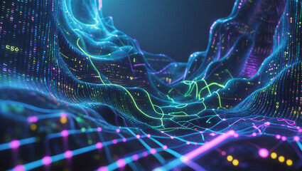 Abstract Digital Landscape: Data Streams and Network Connections Visualization