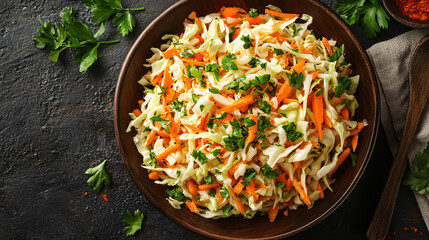 A close-up of a Greek cabbage salad (lahanosalata) with carrots and parsley, seasoned with olive oil, presented in a bowl on a table, viewed from above.