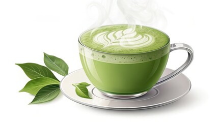 A steaming cup of vibrant green matcha latte art, presented on a saucer with fresh tea leaves nearby.