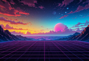 Synthwave Sunset: Retrofuturistic Mountain Landscape