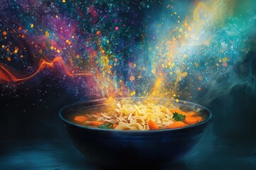 A warm and comforting homemade chicken soup with tender shredded chicken, egg noodles, and vibrant carrots, garnished with fresh parsley, steaming in a ceramic bowl