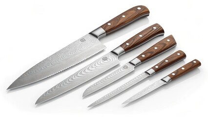 Fototapeta premium Elegant Damasteel Knife Set with Wooden Handles A Culinary Masterpiece