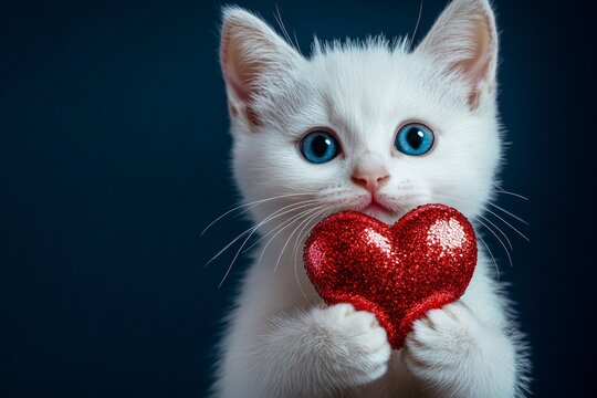 Cute japanese bobtail kitty with sparkling rhinestones red heart - emblem of love, funny greeting card. Ad campaign visual idea. Japanese bobtail - my preferred cat. Heartwarming pet photo.