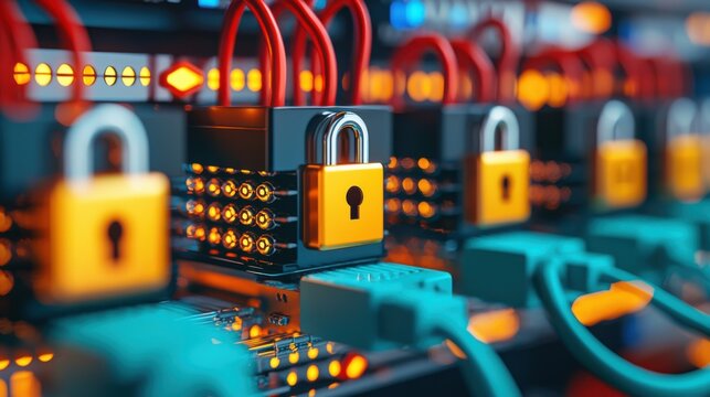Secure Server Setup with Locked Icons and Connection Cables