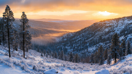 A stunning highland vista, crisp white snow covering dramatic mountain ridges, gentle mist rising from the valleys