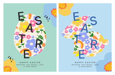 illustration of easter day concept, card and background, cartoon and character, bunny or rabbit with flowers and egg, seasonal theme