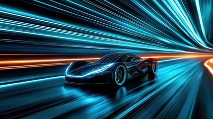 Fototapeta premium Futuristic Sports Car Speeding Through Neon Tunnel