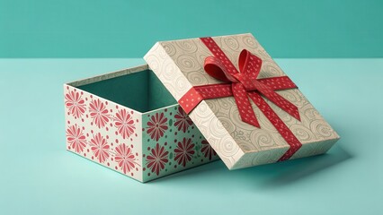 An open gift box with a red ribbon and floral pattern on a teal background