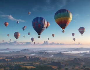Obraz premium Air balloons floating gently on a calm blue sky with a few clouds drifting lazily across the horizon, gentle movement, air balloons