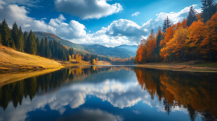 Fototapeta premium A serene lake in the mountains reflects stunning autumn scenery, featuring vibrant forests and a beautiful cloudscape.