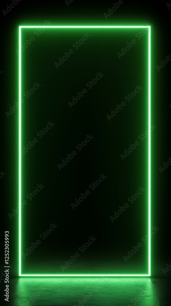 Poster green neon rectangular frame with dark background, glowing digital design. futuristic and modern con