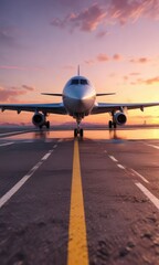 Aircraft on runway at sunset with pastel colors , runway, airport, light
