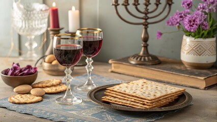 Fototapeta premium A Festive Table Setting with Matzah and Wine for a Traditional Observance