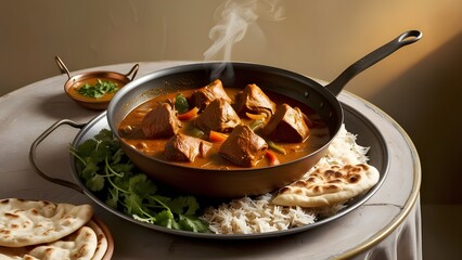 A warm and inviting illustration of a traditional Indian dish, kadai gosht, featuring tender pieces of lamb or mutton cooked in a rich, aromatic gravy made with onions, bell peppers, and a blend of sp