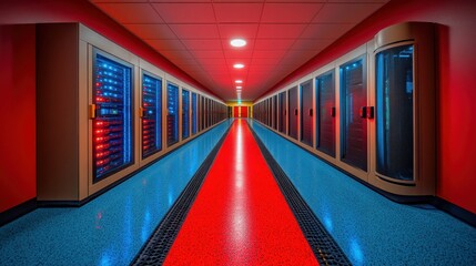 Intriguing Red and Blue Server Corridor: A Glimpse into Modern Data Center Technology