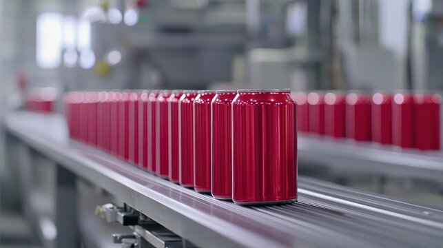 Red Metal Cans On Conveyor Belt In Factory