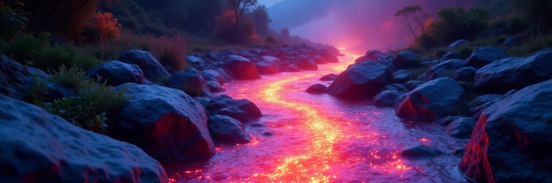 Glowing lava river flows through crystal forest,  volcanic,  crystal trees,  crystals - Powered by Adobe