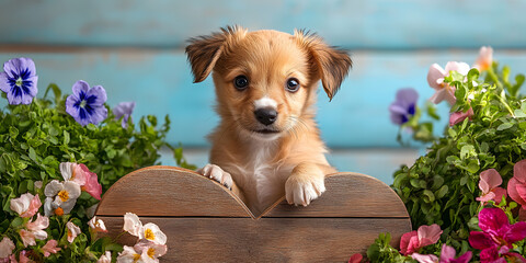 Sweet puppy sitting within a heart-shaped frame made of chalk and vibrant flowers, with a wooden border.