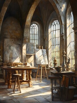 Renaissance artist painting in a grand workshop, intricate details of canvases, sculptures, and tools, soft sunlight streaming through arched windows