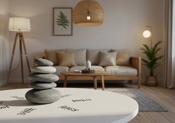 Serene Living Room with Stacked Stones and Zen-Inspired Decor