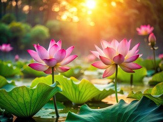 Summer's pink lotus silhouettes, a dreamy aquatic scene captured in selective focus.