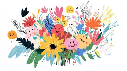Obraz premium Happy flowers bouquet illustration, colorful, joyful, spring
