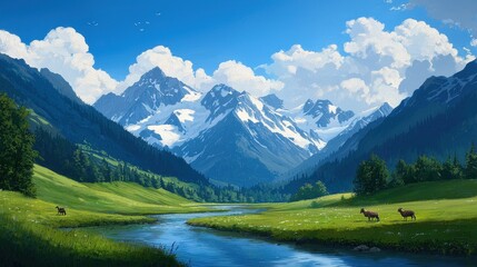 A serene landscape featuring majestic mountains, a flowing river, lush greenery, and grazing animals under a bright blue sky with fluffy clouds.