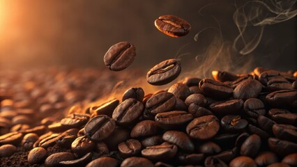 Fototapeta premium Roasted coffee beans levitate above a pile, illuminated by warm light, creating a vibrant and aromatic scene.