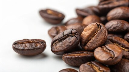 Naklejka premium A Close-Up View of Roasted Coffee Beans on a White Background
