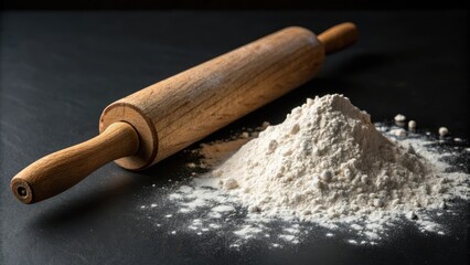 A rustic wooden rolling pin rests beside a generous mound of unbleached flour, ready for baking