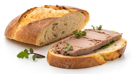 A crusty loaf of bread alongside a slice topped with savory p?t? and fresh herbs