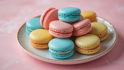 Obraz premium Delicious macarons display kitchen food photography vibrant colors top view sweet treats