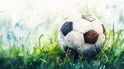 Watercolor Soccer Ball on Fresh Green Grass