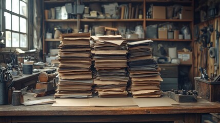 Obraz premium Stacked documents on workshop table, cluttered workshop background