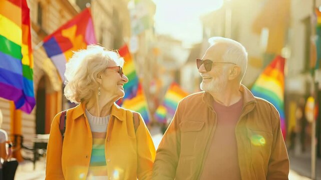 A joyful senior couple walks hand in hand through a lively street adorned with rainbow flags, celebrating love, diversity, and inclusion. Their smiles and colorful outfits reflect the warmth - Powered by Adobe