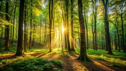Sun-dappled forest floor, minimalist nature photography; light streams through leaves.