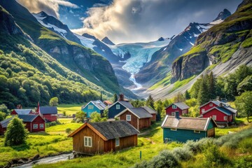 Sun-drenched, abandoned wooden houses in a Norwegian mountain village, a summer glacier scene.