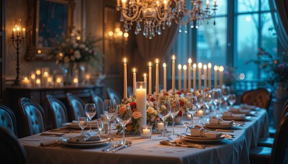 Elegant dinner setting luxurious venue table decor evening atmosphere romantic concept