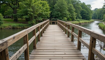 Serene wooden walkway riverside park photo tranquil nature eye-level view gigapixel cgi