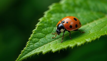 Ladybug crawling on green leaf close-up nature macro outdoor insect life