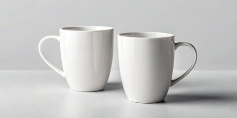 Two pristine white ceramic mugs, elegantly positioned on a neutral surface, ready for your beverage