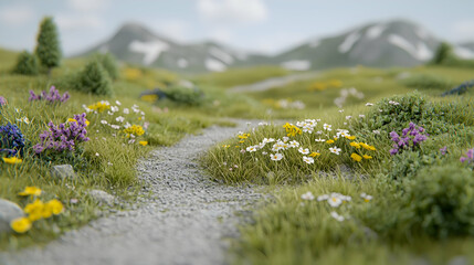Obraz premium Mountain meadow path, wildflowers, scenic hike