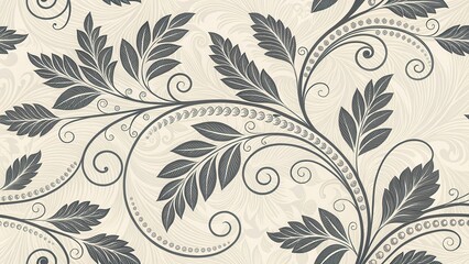 Elegant Floral Design Swirling Branches and Ornate Leaves on a Cream Background