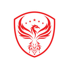 Flying phoenix red fire tail inside 5 star shield illustrator logo design