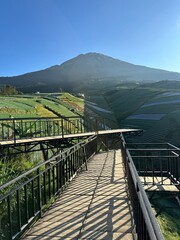 View of vegetable plantations on the slopes of Mount Sumbing with a cloudy blue sky. Sukomakmur Village.