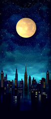Fototapeta premium A city skyline with a large moon in the sky. The moon is surrounded by stars and the city is lit up at night. Scene is peaceful and serene, as the moon