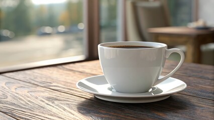 Fototapeta premium A steaming cup of coffee sits on a rustic wooden table, bathed in sunlight, near a large window overlooking a blurred landscape