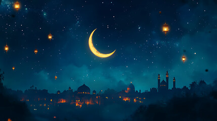 Nighttime Cityscape Illuminated by Lanterns and Crescent Moon