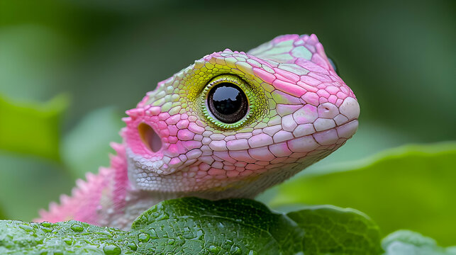 Pink lizard on leaf, jungle background, nature wildlife